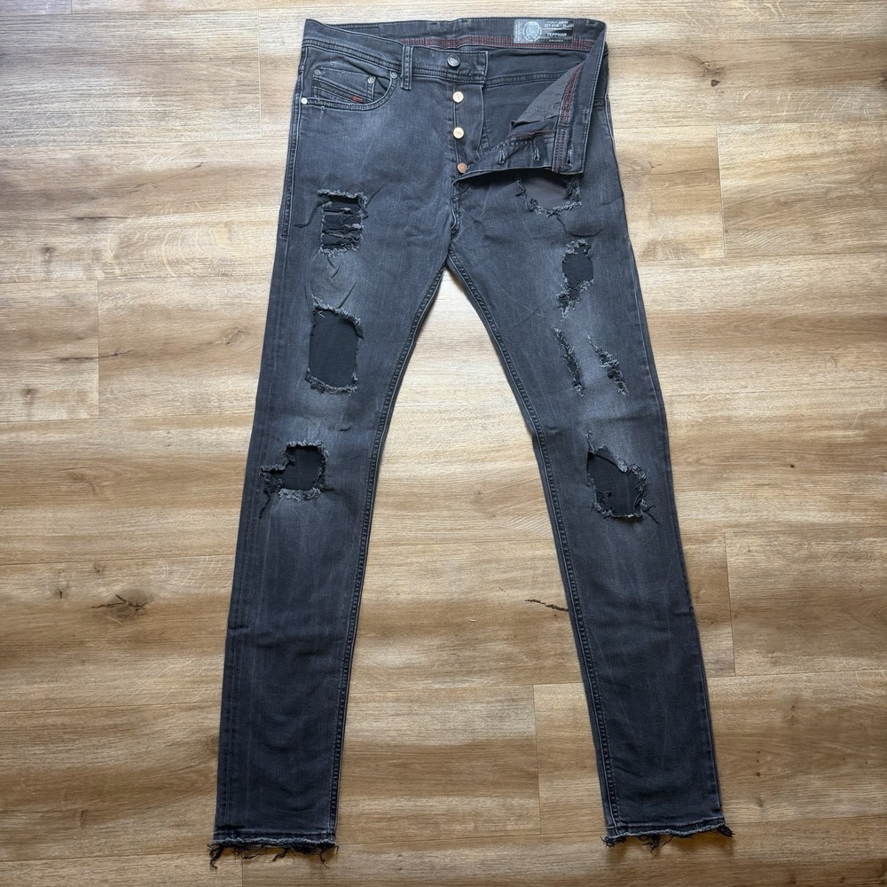 Diesel Tepphar Jeans Men 29x32 Black Slim Carrot Stretch Distressed Punk Thrash
